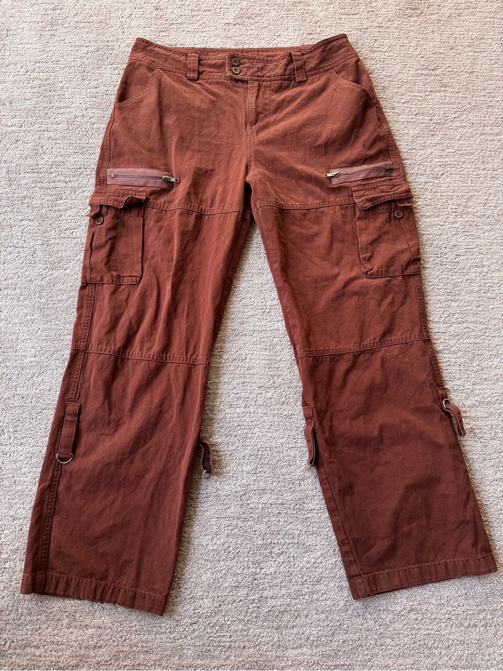 Y2K Vintage Brown Cargo Pants Low Rise Utility Multi Pocket Straps L - Picture 3 of 7
